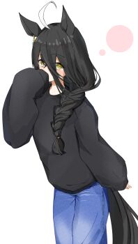 1girl ahoge alternate_costume alternate_hairstyle black_hair black_shirt blush braid denim hair_between_eyes hair_over_shoulder jeans ka_ga_chi long_hair long_sleeves looking_at_viewer manhattan_cafe_(umamusume) pants shirt single_braid single_sleeve_past_fingers sleeves_past_wrists solo umamusume yellow_eyes