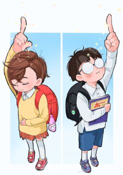 1boy 1girl aged_down ayase_momo backpack bag black_bag blue_background blue_shoes blue_shorts blush book border bowl_cut brown_hair child closed_eyes closed_mouth collared_shirt crossed_bangs dandadan full_body glasses highres holding holding_book medium_hair orange_skirt parted_lips plaid_clothes plaid_skirt pointing pointing_up red_bag red_shoes round_eyewear shirt shirt_under_sweater shoes short_hair shorts skirt smile sneakers socks sweater takakura_ken_(dandadan) turbo_granny_(dandadan) white_border white_shirt white_socks yellow_sweater yura0210_1017