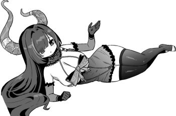 1girl azur_lane azur_lane:_slow_ahead black_nails black_thighhighs bow bow_bra bra breasts cleavage commentary_request elbow_gloves gloves greyscale hori_(hori_no_su) horns huge_breasts long_hair lying monochrome multicolored_hair official_alternate_costume official_art on_side queen_anne&#039;s_revenge_(azur_lane) queen_anne&#039;s_revenge_(call_of_the_creeping_embrace)_(azur_lane) ribbon_as_bra simple_background solo streaked_hair thighhighs toeless_legwear underwear white_background