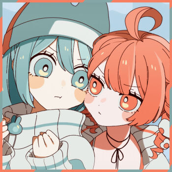 2girls :t ahoge aqua_eyes aqua_hair hat hatsune_miku holding kasane_teto long_hair multiple_girls orange_eyes synthesizer_v tak_drdr twintails upper_body utau vocaloid