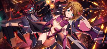 1girl boots breasts brown_hair code_geass code_geass:_lost_stories elbow_gloves f4samurai gloves green_eyes groin highleg highleg_leotard highres knightmare_frame leotard looking_at_viewer marika_soresi mecha navel official_art robot short_hair solo stomach thigh_boots thighhighs thighs valkyrie