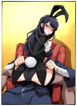 1boy 1girl ;o absurdres animal_ear_hairband animal_ears armchair ass black_hairband black_leotard blue_eyes blush breasts brown_thighhighs chair commentary cosplay english_commentary fake_animal_ears gojou_wakana hairband hetero highres izayoi_arisa izayoi_arisa_(cosplay) kitagawa_marin large_breasts leotard long_hair long_sleeves momdadno one_eye_closed open_mouth pants playboy_bunny rabbit_ear_hairband rabbit_ears rabbit_tail sitting solo_focus sono_bisque_doll_wa_koi_wo_suru tail tailcoat_playboy_bunny thighhighs