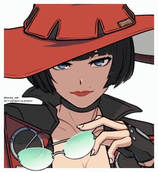 1girl animated arc_system_works black_hair blue_eyes breasts choker cleavage collarbone eye_color_change gamang_sae8 green_eyes guilty_gear guilty_gear_strive hat i-no large_breasts lipstick looking_at_viewer makeup mole mole_above_mouth purple_eyes smile solo sunglasses_removed tagme video witch_hat yellow_eyes