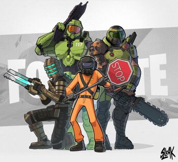 4boys absurdres assault_rifle assault_visor belt black_belt black_footwear boots bullpup chainsaw commentary crossover dead_space_(series) doom_(2016) doom_(series) doomguy english_commentary fortnite green_helmet gun halo_(series) helmet highres holding holding_chainsaw holding_gun holding_weapon isaac_clarke jumpsuit lethal_company ma5 male_focus master_chief multiple_boys on_one_knee orange_jumpsuit rifle road_sign sign sleak spartan_(halo) stop_sign weapon worker_(lethal_company)