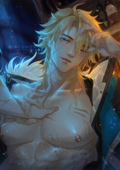 1boy 1other abs artist_name black_jacket blonde_hair blue_eyes blue_jacket bottle collarbone commentary english_commentary evee_(bingumon) fingernails fur-trimmed_jacket fur_trim genshin_impact hair_between_eyes half-closed_eye hand_on_another's_chest hand_up highres holding_another's_wrist indoors jacket lips looking_at_another male_focus muscular muscular_male nipples one_eye_closed open_clothes open_jacket open_mouth other_with_male pectorals scar scar_on_face short_hair sidelocks smile solo_focus sparkle teeth two-sided_fabric two-sided_jacket varka_(genshin_impact)