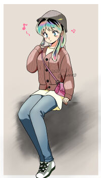 01angelegg 1girl 2024 blue_pants border brown_cardigan cardigan casual green_eyes green_hair grey_background grey_hat hat highres invisible_chair long_sleeves lum multicolored_hair outside_border pants shoes sitting sleeves_past_wrists solo twitter_username urusei_yatsura watermark white_border white_shoes