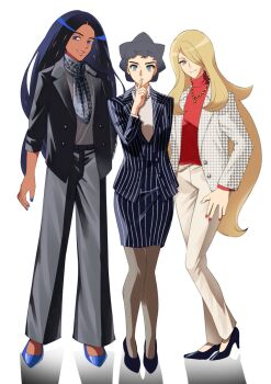 black_hair blonde_hair blue_eyes breasts closed_mouth cynthia_(pokemon) dark-skinned_female dark_skin diantha_(pokemon) eyelashes formal_clothes geeta_(pokemon) grey_eyes hair_ornament hair_over_one_eye haniwa_(hnw) high_heels highres jacket jewelry long_hair long_sleeves looking_at_viewer multiple_girls necklace nintendo open_mouth pants pokemon pokemon_dppt pokemon_sv pokemon_xy scarf shirt short_hair simple_background skirt smile suit very_long_hair