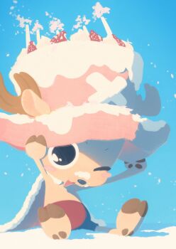 Rule 34 | 1boy, animal ears, antlers, birthday, birthday cake, blue background, blue nose, blush stickers, brown fur, brown shorts, cake, commentary request, deer ears, food, fruit, full body, hands on headwear, hat, horns, horns through headwear, looking at viewer, male focus, official art, one eye closed, one piece, open mouth, pink hat, reindeer antlers, reindeer boy, shorts, sitting, snow, snowing, solo, strawberry, tony tony chopper