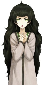 1girl blunt_bangs brown_jacket collar collarbone fingernails flat_chest frown game_cg glaring green_collar green_eyes green_hair green_trim hiyajou_maho huke jacket jacket_over_dress large_variant_set long_hair looking_at_viewer messy_hair non-web_source official_art own_hands_together science_adventure solo sprite steins;gate steins;gate_0 transparent_background variant_set very_long_hair