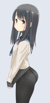 1girl ass black_eyes black_hair black_pantyhose clothes_tug crotch_seam from_side grey_background highres loli long_hair long_sleeves looking_at_viewer neckerchief no_pants original panties panties_under_pantyhose pantyhose retsumaru revision sailor_collar school_uniform serafuku shirt simple_background sleeves_past_wrists solo standing sweater sweater_tug underwear white_panties