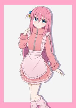 1girl alternate_costume apron bocchi_the_rock! border cube_hair_ornament enmaided feet_out_of_frame frilled_apron frills gotoh_hitori hair_between_eyes hair_ornament hand_up highres jacket jersey_maid knees leg_warmers long_bangs long_hair long_sleeves looking_at_viewer maid one_side_up outside_border pink_border pink_leg_warmers sidelocks simple_background solo standing tareme track_jacket unconventional_maid wanigi white_background zipper_pull_tab