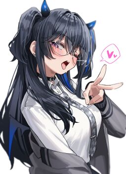 1girl absurdres black_hair black_horns blush breasts coat demon_girl demon_horns demon_wings ear_piercing glasses gradient_horns green_tea_(matchaistasty) grey_coat grey_necktie hair_intakes heart highres horns ichinose_uruha ichinose_uruha_(6th_costume) large_breasts long_hair long_sleeves looking_at_viewer multicolored_horns necktie official_alternate_costume official_alternate_hairstyle one_eye_closed piercing purple_eyes purple_horns purple_streaks round_eyewear saliva saliva_trail semi-rimless_eyewear shirt simple_background single_off_shoulder solo spoken_heart sweat teeth tie_clip tongue tongue_out two-tone_horns upper_body upper_teeth_only v virtual_youtuber vspo! white_background white_shirt wings