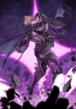 1boy 1girl absurdres artist_name black_gloves black_hair blonde_hair bodysuit breasts claws cloud_strife cloud_strife_(bahamut_garb) commentary covered_navel debris dragon_wings english_commentary eye_mask final_fantasy final_fantasy_vii final_fantasy_vii:_ever_crisis floating_hair from_side full_body gloves hair_ornament hand_on_another's_shoulder hand_on_another's_waist headset highres long_hair looking_at_another mask matching_outfits medium_breasts official_alternate_costume profile purple_bodysuit rock roxe_(ro_x_e) short_hair single_wing tifa_lockhart tifa_lockhart_(bahamut_suit) wings