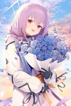 1girl absurdres atsuko_(blue_archive) blue_archive blue_sky chcc331899 flower halo highres hood hooded_jacket jacket looking_at_viewer purple_eyes sky smile solo twitter upper_body