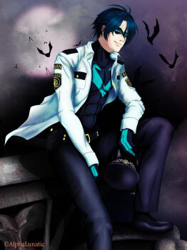 1boy bat_(animal) batman_(series) belt black_hair blue_eyes bodysuit boots dc_comics dick_grayson domino_mask eye_mask gloves hat male_focus mask night nightwing police police_uniform sitting solo unworn_hat unworn_headwear