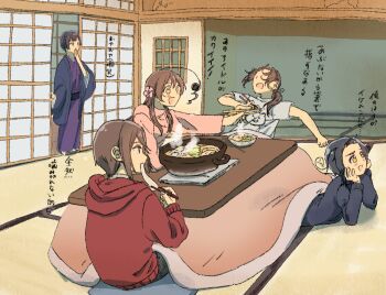 1girl 4boys 6ougdmizkw30143 ahoge animal_print axis_powers_hetalia belt black_belt black_hair black_pants black_sweater blanket blue_haori blush bowl brown_eyes brown_hair cat_print china_(hetalia) chopsticks commentary_request covering_own_mouth eating fingernails floor flower food from_behind full_body hair_flower hair_ornament hand_on_own_face hand_up hands_on_own_face hands_up haori highres holding holding_chopsticks hong_kong_(hetalia) hood hoodie huge_ahoge indoors japan_(hetalia) japanese_clothes kimono korea_(hetalia) long_hair long_sleeves looking_at_another looking_to_the_side low_ponytail lying mochi mochi_trail multiple_boys no_eyes no_shoes on_stomach open_clothes open_door open_mouth pants pillow pink_flower pink_shirt ponytail puffy_long_sleeves puffy_sleeves purple_kimono red_hoodie shadow shirt short_hair shouji sidelocks sitting sliding_doors smile socks soup standing steam sweater t-shirt table taiwan_(hetalia) tray turtleneck turtleneck_shirt white_shirt white_socks wide_sleeves window yellow_eyes