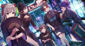 Rule 34 | 5girls, black hair, braid, brown hair, china dress, chinese clothes, diagonal bangs, dress, dutch angle, folding fan, glasses, grey hair, hair bun, hand fan, highres, idolmaster, idolmaster shiny colors, l'antica (idolmaster), long dress, long hair, long sleeves, looking at viewer, mitsumine yuika, multiple girls, official art, ponytail, purple eyes, purple hair, red-tinted eyewear, round eyewear, shirase sakuya, short dress, short hair, short sleeves, tanaka mamimi, tinted eyewear, tsukioka kogane, twin braids, yukoku kiriko