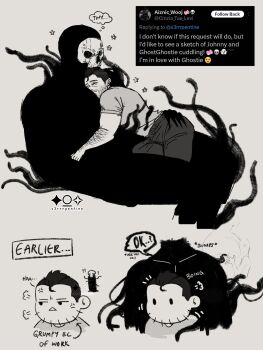 2boys anger_vein annoyed arm_hair bara beard_stubble between_pecs between_pectorals black_hair call_of_duty call_of_duty:_modern_warfare_2 chibi chibi_inset couple cuddling english_text facial_hair flower ghost_(modern_warfare_2) hand_on_another&#039;s_waist happy_aura head_between_pecs highres interspecies large_pectorals male_focus mask mature_male monsterification multiple_boys muscular muscular_male mustache_stubble notice_lines pectoral_pillow pectorals relaxing ser_(s3rrrpentine) short_hair size_difference skull_mask soap_(modern_warfare_2) solid_oval_eyes sparse_stubble speech_bubble stubble thick_eyebrows thought_bubble tweet umbrakinesis undercut yaoi