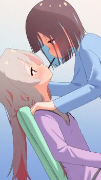 2girls absurdres blue_background blue_hair blue_shirt blush bob_cut brown_eyes brown_hair colored_inner_hair commentary eye_contact face-to-face food food_in_mouth from_side gradient_background grey_hair hand_on_another&#039;s_shoulder happyundergate highres hozuki_momiji leaning_back long_hair long_sleeves looking_at_another multicolored_hair multiple_girls onii-chan_wa_oshimai! oyama_mahiro pink_hair pink_shirt pocky pocky_day pocky_in_mouth pocky_kiss profile shared_food shirt short_hair simple_background sitting two-tone_hair yuri