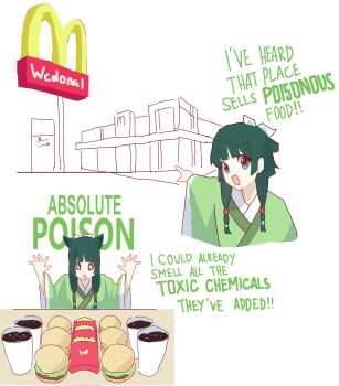 Rule 34 | + +, absolute cinema (meme), blue eyes, bow, building, burger, cup, disposable cup, english text, food, french fries, green hair, green kimono, hair ornament, highres, japanese clothes, kimono, maomao (kusuriya no hitorigoto), mcdonald's, medium hair, meme, multiple views, robarts 15(rob.arts 15), sparkling eyes, two soyjaks pointing (meme), wcdonald's
