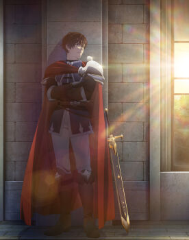 1boy absurdres brown_hair cape commentary_request crossed_arms full_body highres key_visual looking_to_the_side male_focus noumi_chika official_art oscar_(unnamed_memory) promotional_art red_cape sheath sheathed short_hair solo sword unnamed_memory weapon