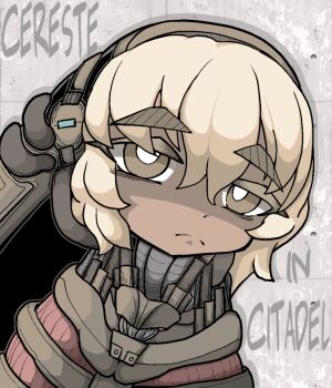 1girl blonde_hair celeste_(the_citadel) character_name commentary_request copyright_name cyborg from_side hatching_(texture) headgear looking_at_viewer looking_to_the_side lovins_on mechabare short_hair sideways_glance solo the_citadel tile_wall tiles white_background yellow_eyes