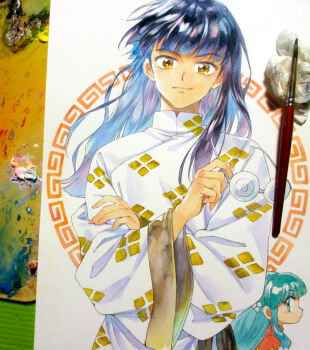 1boy 1girl agahari aqua_hair art_brush art_tools_in_frame black_hair chinese_clothes closed_mouth coke-bottle_glasses commentary_request glasses green_eyes hand_up holding holding_removed_eyewear long_hair looking_at_another looking_to_the_side male_focus mandarin_collar mousse_(ranma_1/2) orange_eyes paintbrush painting_(medium) ranma_1/2 round_eyewear shampoo_(ranma_1/2) smile traditional_media unworn_eyewear wide_sleeves