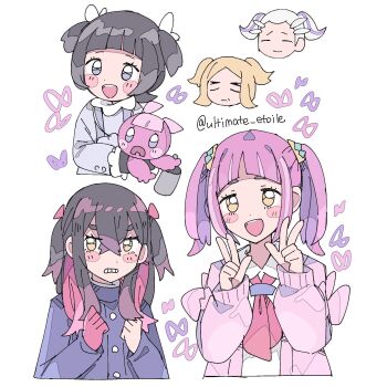 2boys 3girls alternate_hairstyle arched_bangs black_gloves black_hair blonde_hair blue_jacket blush_stickers bow cardigan carmine_(pokemon) chibi chibi_inset clenched_hands clenched_teeth crossed_bangs drayton_(pokemon) dress gloves grey_dress hair_between_eyes hair_ornament hairclip hassel_(pokemon) highres jacket lacey_(pokemon) long_hair long_sleeves looking_at_viewer mole mole_under_eye multicolored_hair multiple_boys multiple_girls neckerchief nintendo open_mouth pink_cardigan pink_hair pokemon pokemon_(creature) pokemon_sv poppy_(pokemon) purple_hair red_bow red_hair red_neckerchief remoooon shirt short_hair simple_background teeth tinkatink twintails two-tone_hair upper_body w white_background white_hair white_shirt yellow_eyes