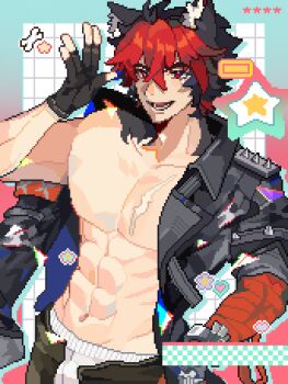 1boy abs animal_ear_fluff animal_ears arm_out_of_sleeve bandaged_arm bandages black_gloves black_hair black_jacket black_pants bone border briefs bulge checkered_background collarbone commentary crossed_bangs dog_boy dog_ears drac. fingerless_gloves gloves gradient_border green_border hair_between_eyes hand_up heart highres jacket komano_manato male_focus male_underwear multicolored_border multicolored_hair multiple_scars muscular muscular_male navel open_mouth pants pectorals pixel_art red_bandage red_border red_eyes red_hair scar scar_across_eye scar_on_chest scar_on_face short_hair solo spiked_jacket star_(symbol) underwear waving zenless_zone_zero