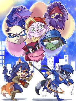 2girls 6+boys angry balloon bentley_(sly_cooper) blue_hair blue_hat blue_shirt cane carmelita_fox chameleon_boy chasing coat commentary_request dimitri_lousteau fox_girl glasses grey_fur grin gun hat highres hippopotamus_boy holding holding_balloon holding_gun holding_weapon koala_boy looking_at_another lovers_nero masked mouse_girl multiple_boys multiple_girls murray_(sly_cooper) orange_fur panda_boy panda_king_(sly_cooper) penelope_(sly_cooper) raccoon_boy shirt sly_cooper sly_cooper_(series) smile the_guru_(sly_cooper) turtle_boy weapon