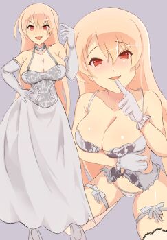 arm_under_breasts blonde_hair blush breasts cleavage dress finger_to_mouth gloves hand_on_own_hip hand_up highres large_breasts long_hair looking_at_viewer multiple_views official_alternate_costume open_mouth red_eyes senran_kagura senran_kagura_new_link senran_kagura_new_wave smile souji_(senran_kagura) uneven_bangs wedding_dress white_gloves zebrasutekase