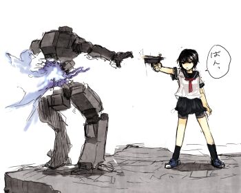 Rule 34 | firing, gun, robot, school uniform, short hair, skirt, socks, un-known (ninesix), weapon