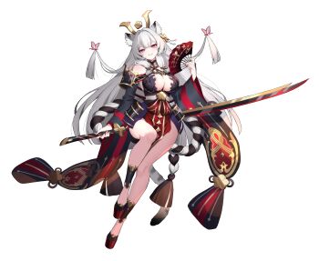 1girl absurdres aged_up animal_ears armor bare_legs blunt_bangs breasts bug butterfly cat_ears cat_girl cat_tail cleavage detached_sleeves eversoul floating full_body game_cg grin hair_ornament hand_fan highres holding holding_behind_back holding_fan holding_sword holding_sword_behind_back holding_weapon holding_weapon_behind_back incredibly_absurdres insect japanese_armor japanese_clothes jewelry kusazuri large_breasts leg_up long_hair long_sleeves looking_at_viewer looking_down mole mole_under_eye obi official_alternate_costume official_art ootachi paper_fan pelvic_curtain platform_footwear purple_eyes red_footwear rope sakuyo_(eversoul) sakuyo_(inferno)_(eversoul) samurai sash shimenawa shoulder_armor single_shin_guard single_sode smile sode solo sword tachi-e tail transparent_background weapon white_hair wide_sleeves