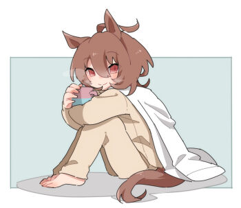 1girl agnes_tachyon_(umamusume) ahoge animal_ears barefoot beer_hsk blanket blush brown_eyes brown_hair brown_pants brown_shirt closed_mouth cup grey_background hair_between_eyes holding holding_cup horse_ears horse_girl horse_tail knees_up looking_at_viewer mug pants shadow shirt sitting smile solo steam tail two-tone_background umamusume white_background