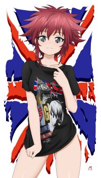 Rule 34 | 1girl, absurdres, acrux, artist logo, black shirt, blue eyes, casual, closed mouth, commentary, cowboy shot, cranberry (girls und panzer), dated, english commentary, girls und panzer, highres, logo, looking at viewer, no pants, print shirt, red hair, shirt, shirt tug, short hair, short sleeves, smile, solo, standing, t-shirt, union jack