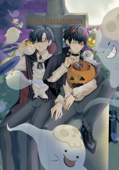 2boys black_cape black_eyes black_hair black_shoes bucket cape closed_mouth commentary commentary_request ear_piercing english_commentary ghost grey_pants hair_between_eyes halloween halloween_bucket happy_halloween highres holding holding_bucket long_sleeves male_focus mixed-language_commentary multiple_boys original pants piercing sahi00000 shirt shoes short_hair sitting sitting_on_tombstone smile tombstone vampire_costume white_shirt