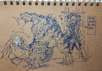 Rule 34 | 1girl, arrow (symbol), boots, chatacabra, chinese text, closed eyes, coat, commentary, dual wielding, english commentary, highres, holding, holding sword, holding weapon, link! like! love live!, long hair, love live!, low twintails, miniskirt, monster, monster hunter (series), monster hunter wilds, murano sayaka, open clothes, open coat, open mouth, pen (medium), photo (medium), pleated skirt, short sleeves, skirt, sword, tongue, tongue out, traditional media, translation request, twintails, v-shaped eyebrows, virtual youtuber, weapon, yrxy settingsun