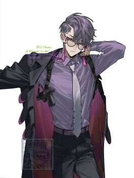 1boy black-framed_eyewear black_hair black_jacket black_pants closed_mouth collared_shirt corbeau_(pokemon) eyewear_strap glasses gun handgun highres holster holstered jacket kitsune_(ly_howe) long_sleeves male_focus necktie nintendo open_clothes open_jacket pants parted_hair pokemon pokemon_legends:_z-a purple_hair purple_shirt putting_on_coat round_eyewear shirt short_hair short_sideburns sideburns simple_background solo undercut weapon white_background white_necktie yellow_eyes
