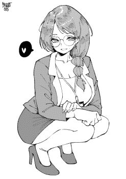 1girl absurdres artist_name blazer braid breasts bright_pupils cleavage collarbone cross cross_earrings earrings full_body glasses greyscale grin hair_over_shoulder heart high_heels highres id_card jacket jewelry lanyard large_breasts long_hair looking_at_viewer mole mole_on_cheek monochrome norman_maggot office_lady original pencil_skirt screentones simple_background skirt smile solo spoken_heart squatting stephanie_(ol-chan) swept_bangs white_background