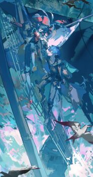 2boys bird blue_hair boots full_body looking_at_another multiple_boys ocean original pants qyzhiaiyisheng ship shirt short_hair watercraft