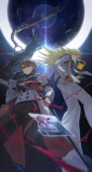 Rule 34 | 2boys, absurdres, astral express (honkai: star rail), black gloves, blonde hair, brown eyes, brown hair, brown pants, cane, closed mouth, coat, commentary, elmo (st elmomomo), english commentary, from below, gloves, grey coat, hand up, highres, holding, holding cane, honkai: star rail, honkai (series), honkai impact 3rd, jacket, long hair, looking at viewer, male focus, multiple boys, pants, single glove, smile, torn photo, void archives, welt yang, white jacket, white pants