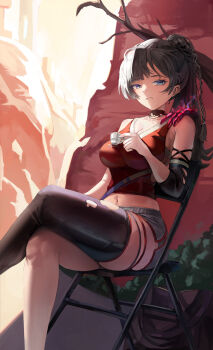 1girl bare_shoulders black_bag black_leggings blue_eyes bolcham branch breasts chair cleavage cliff crossed_legs cup dikke_(reverse:1999) dikke_(the_pointy_end_up)_(reverse:1999) disembodied_hand dolphin_shorts elbow_pads feet_out_of_frame folding_chair frown grey_hair grey_shorts highres holding holding_cup impossible_clothes impossible_shirt leggings long_hair looking_at_viewer medium_breasts midriff navel on_chair ponytail red_tank_top reverse:1999 sandstone shirt short_shorts shorts sidelighting single_bare_arm single_detached_legging single_elbow_pad sitting solo tank_top torn_clothes torn_leggings
