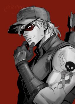 Rule 34 | archery, arm tattoo, arsenal (dc), baseball cap, batman (series), bodysuit, dc comics, domino mask, eye mask, gloves, hat, highres, male focus, mask, muscular, muscular male, orange hair, red bodysuit, red hood and the outlaws, red mask, roy harper, short hair, superhero costume, tattoo, taut bodysuit, xiaoye12589