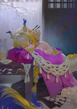 1girl absurdres arknights arms_on_table backlighting bare_shoulders black_pants blonde_hair chinese_commentary closed_eyes colored_extremities commentary_request cup dragon_girl dragon_horns dragon_tail eastern_dragon_horns eastern_dragon_tail eyeliner feet_out_of_frame flower hair_between_eyes hair_flower hair_ornament head_rest highres horns indoors jacket long_hair makeup multicolored_hair official_alternate_costume orange_eyeliner pants pointy_ears purple_jacket shi-fan_jin-jian shoes shu_(arknights) shu_(spring_feast)_(arknights) sleeping sleeping_upright solo tail tassel vase white_shoes yellow_hands