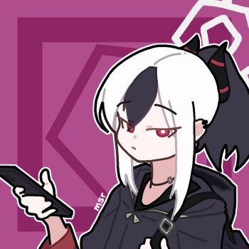 Rule 34 | 1girl, alternate halo, backpack, bag, black choker, black hair, black horns, black jacket, black shirt, blue archive, bright pupils, cellphone, choker, commentary, demon horns, double-parted bangs, english commentary, hair between eyes, halo, holding, holding phone, hood, hood down, hooded jacket, horns, ibispaint (medium), jacket, kayoko (blue archive), long sleeves, looking at viewer, medium hair, msr 0410, multicolored hair, outline, phone, pink background, ponytail, pout, red eyes, shirt, sidelocks, signature, simple background, smartphone, solo, streaked hair, striped horns, upper body, white hair, white halo, white outline, white pupils, zipper