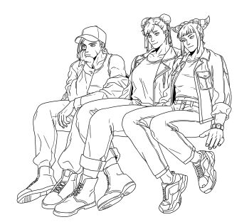 3girls alternate_costume arm_on_own_leg arm_up artist_name baseball_cap blunt_bangs boots braid breasts cammy_white capcom casual chun-li collarbone commentary denim denim_jacket double_bun drill_hair efd english_commentary expressionless hair_bun hair_ornament han_juri hand_on_own_chin hat head_rest highres jacket jeans looking_to_the_side midriff_peek multiple_girls off_shoulder pants scar scar_on_face shirt shoes sidelocks sitting smile sneakers spiked_hair street_fighter twin_drills watch white_background