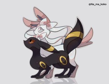 Rule 34 | animal focus, blue eyes, bright pupils, commentary request, gen 2 pokemon, gen 6 pokemon, grey background, highres, namako (na ma koko), nintendo, no humans, pokemon, pokemon (creature), pokemon focus, reflection, simple background, standing, sylveon, twitter username, umbreon, white pupils