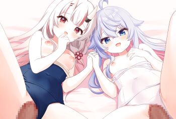 Rule 34 | 2boys, 2girls, adda, ahoge, blue eyes, blue hair, blue one-piece swimsuit, clothes pull, clothing aside, covered navel, crossed bangs, crossover, group sex, hair between eyes, hand on own chest, hetero, highres, holding hands, hololive, indie virtual youtuber, interlocked fingers, kagura nana, long hair, looking at viewer, lying, multiple boys, multiple girls, nakiri ayame, on back, one-piece swimsuit, one-piece swimsuit pull, orgy, penis, pussy, red eyes, red streaks, school swimsuit, sex, swimsuit, swimsuit aside, vaginal, virtual youtuber, white hair, white one-piece swimsuit