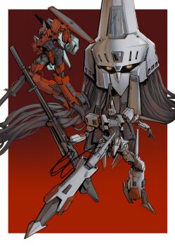 Rule 34 | beam rifle, border, cable, commentary, energy gun, full body, glowing, glowing eyes, gun, highres, holding, holding gun, holding weapon, juusenki l-gaim, kampen1184, l-gaim mk ii, looking at viewer, mecha, mecha focus, multiple views, no humans, nouvelle d.sserd, outside border, red background, robot, science fiction, twitter username, weapon, white border, yellow eyes