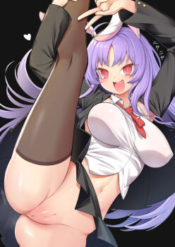 1girl @_@ absurdres animal_ears arms_up black_background black_border black_jacket black_skirt border breasts brown_thighhighs carrot_pin censored cleft_of_venus commentary_request crop_top crotch_seam doyagao floating_hair harunoha highres jacket kneepits long_hair long_sleeves looking_at_viewer medium_breasts midriff mosaic_censoring navel necktie open_mouth parted_bangs pleated_skirt purple_hair pussy rabbit_ears rabbit_girl raised_inner_eyebrows red_necktie reisen_udongein_inaba ringed_eyes shirt short_necktie simple_background skirt smile smug solo split standing standing_on_one_leg standing_split striped_clothes teeth thighhighs touhou underwear upper_teeth_only v very_long_hair white_shirt